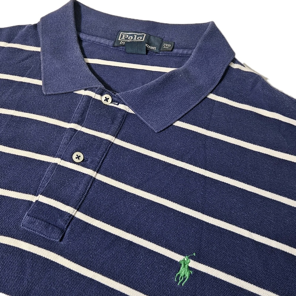 Vintage Ralph Lauren Polo 2XB Striped Rugby Blue Shirt 90s Men's Green Pony